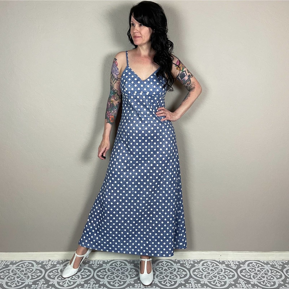 Vintage 1970s Blue and White Polka Dot A-Line Maxi Dress - Picture 4 of 9
